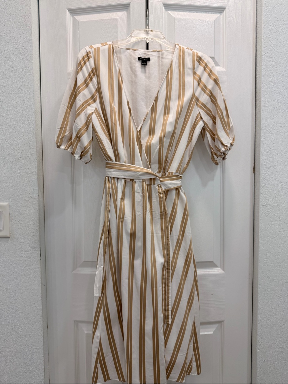 Ann Taylor White and Tan Striped Wrap Midi Dress